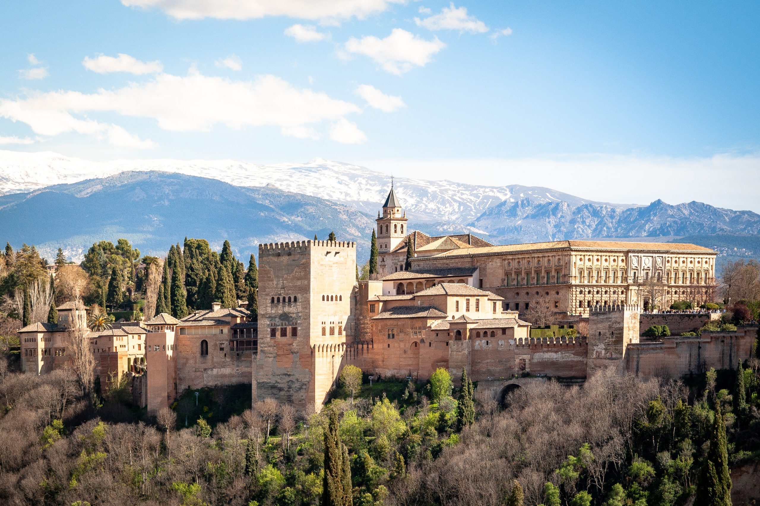 Alhambra gardens Self guided walking tour of Granada in winter Alhambra with Sierra Nevada