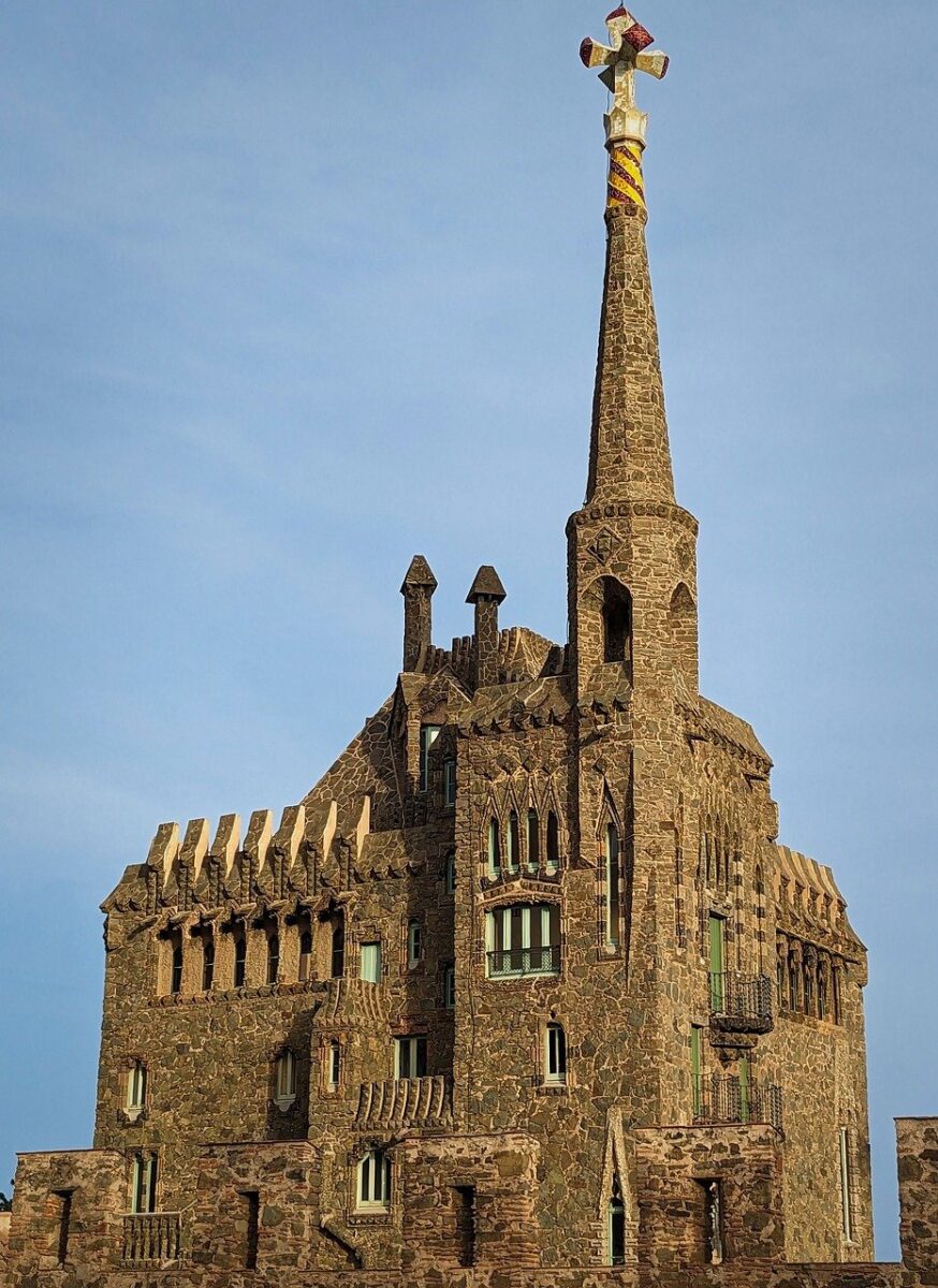 Barcelona gaudi building map architecture and detail of casa Bellesguard